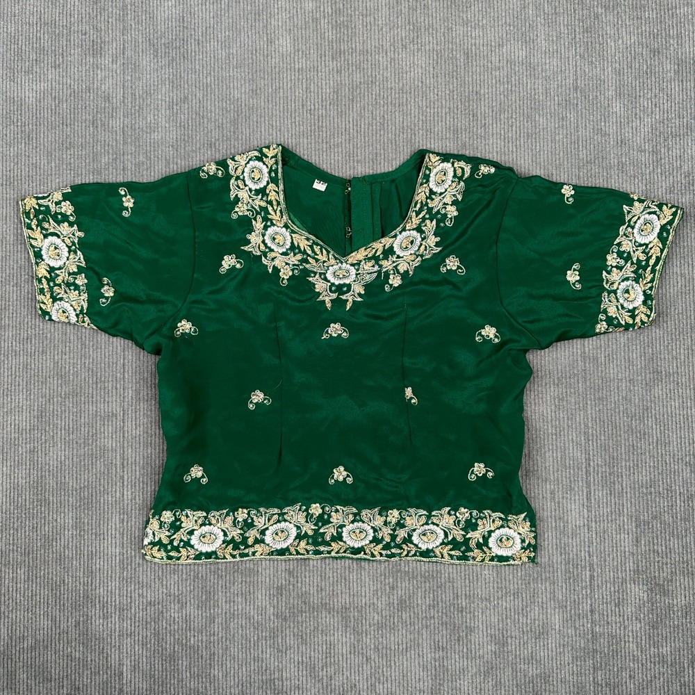 Green Embroidered Vintage Y2K Choli Blouse Lace Up Back Tassels Detail Size 32